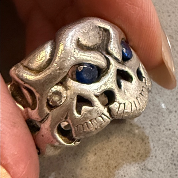 Travis Walker double cross Silver Skull Ring with sapphire  Accents - Picture 7 of 11